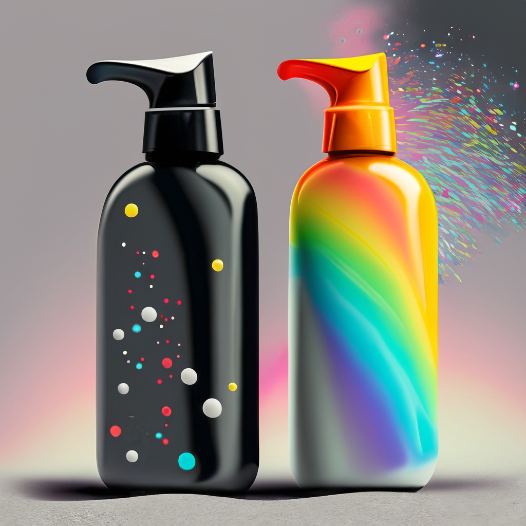 Two shampoo bottles, one that is black and white and drab. the other is bright and full of c